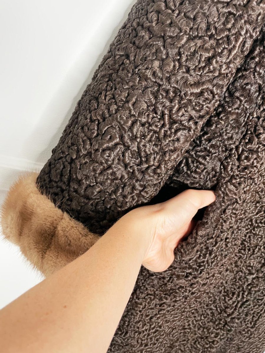 vintage 50s mink trim brown persian lamb coat with matching hat - good market thrift store