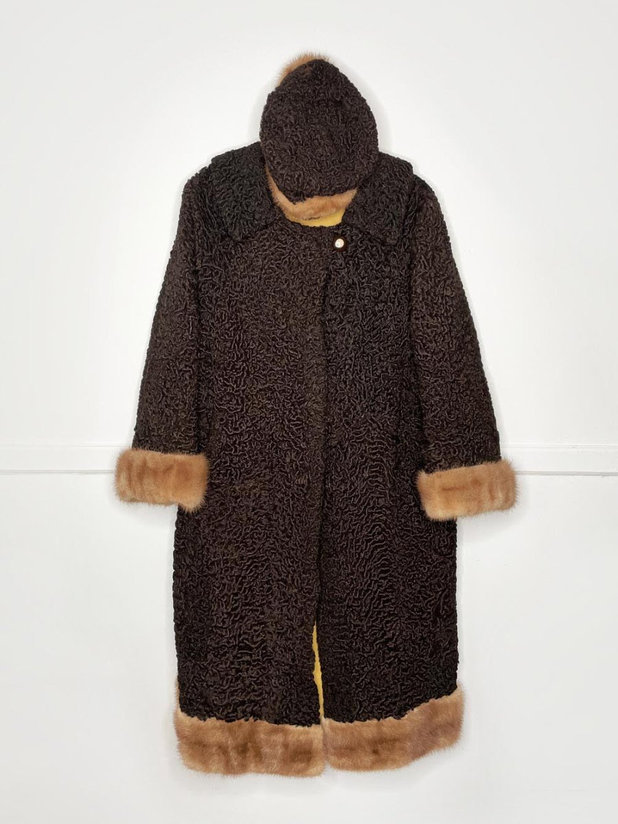 vintage 50s mink trim brown persian lamb coat with matching hat - good market thrift store