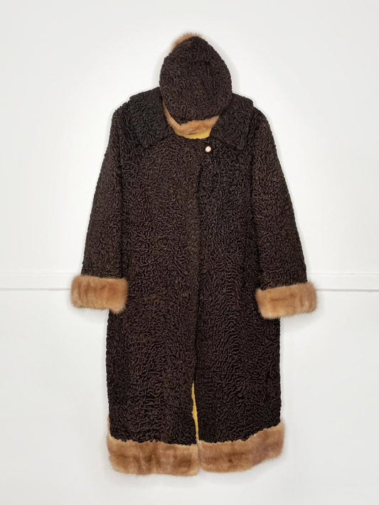 vintage 50s mink trim brown persian lamb coat with matching hat - good market thrift store
