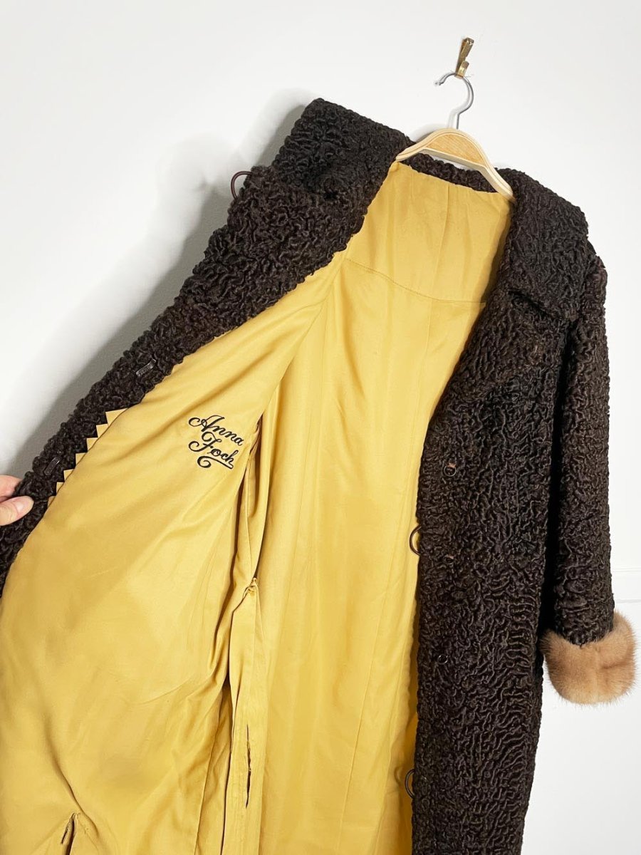 vintage 50s mink trim brown persian lamb coat with matching hat - good market thrift store