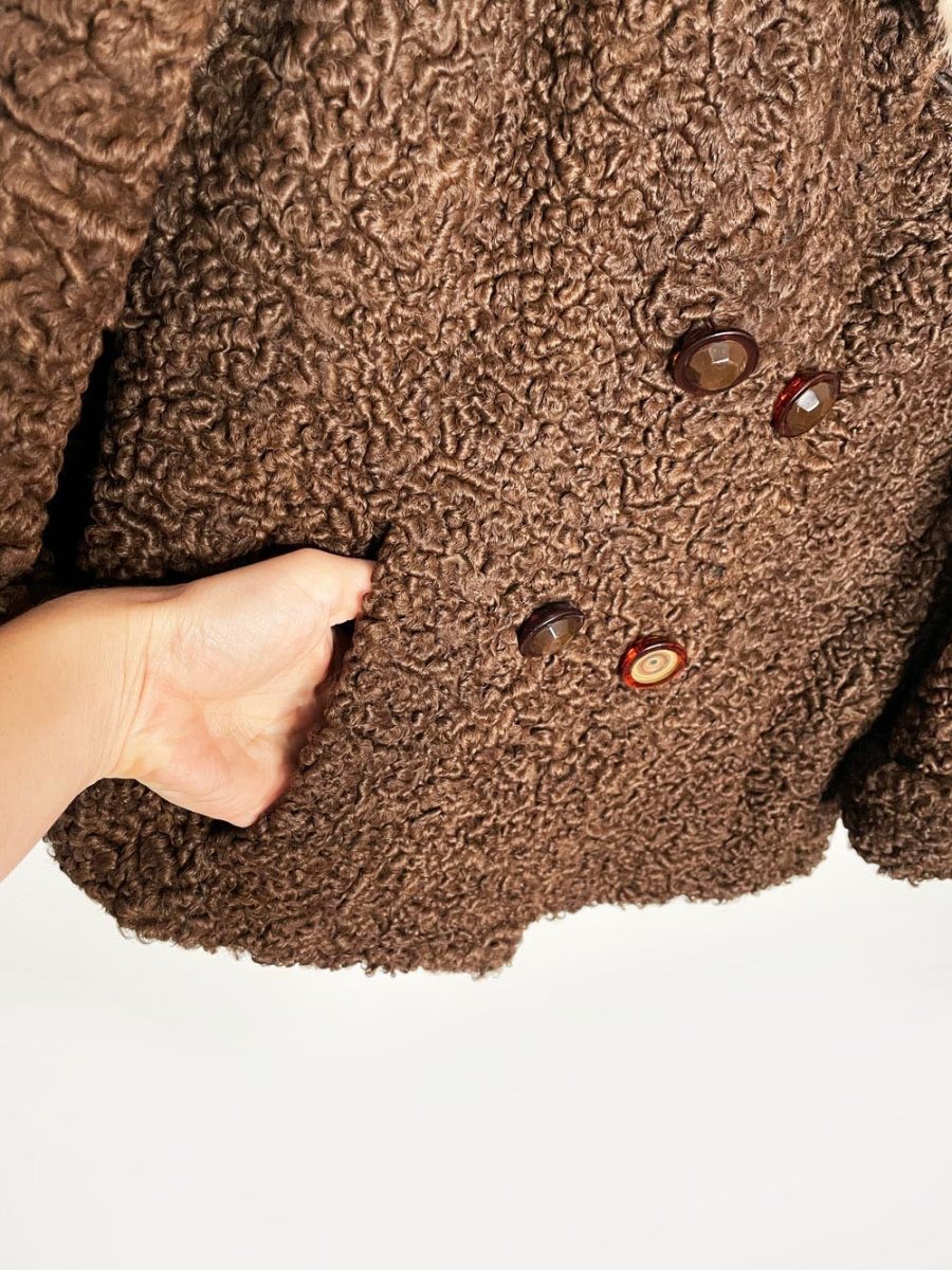 vintage 50s mink trim brown persian lamb double breasted short coat - good market thrift store
