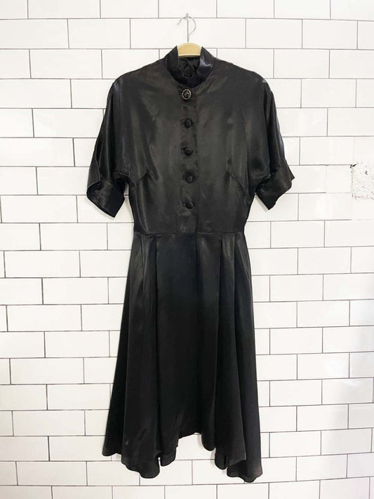 vintage 50s satin pleated shirt a - line midi dress - good market thrift store