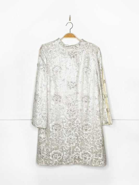 vintage 60s daymor original silver brocade open bell sleeve dress - good market thrift store