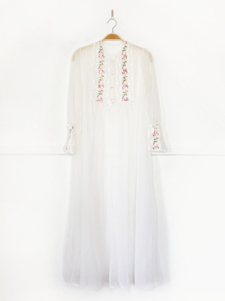 vintage 60s floral embroidered double chiffon robe | button closure - good market thrift store