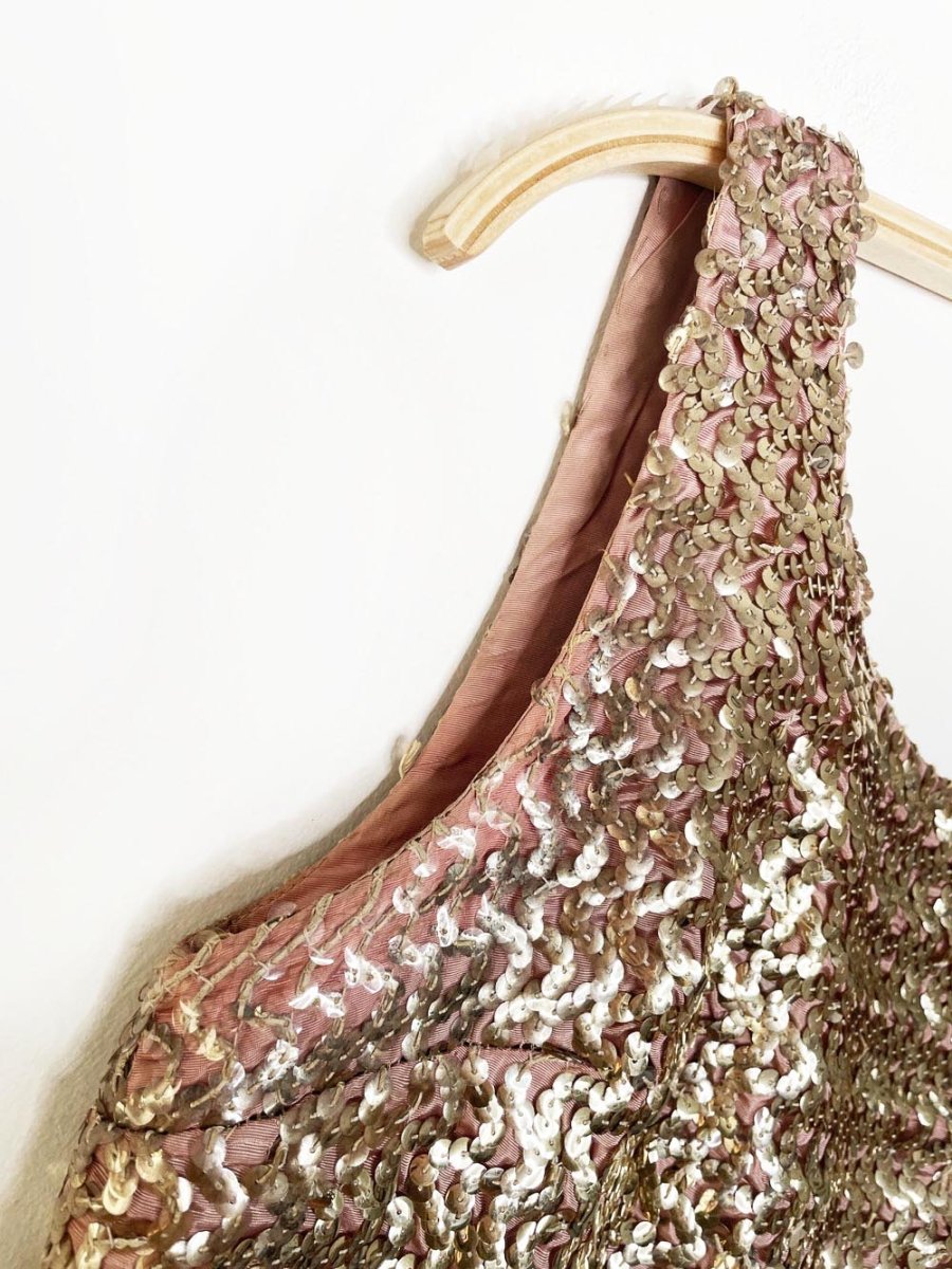 vintage 60s gold sequin fitted gown | maxi dress - good market thrift store