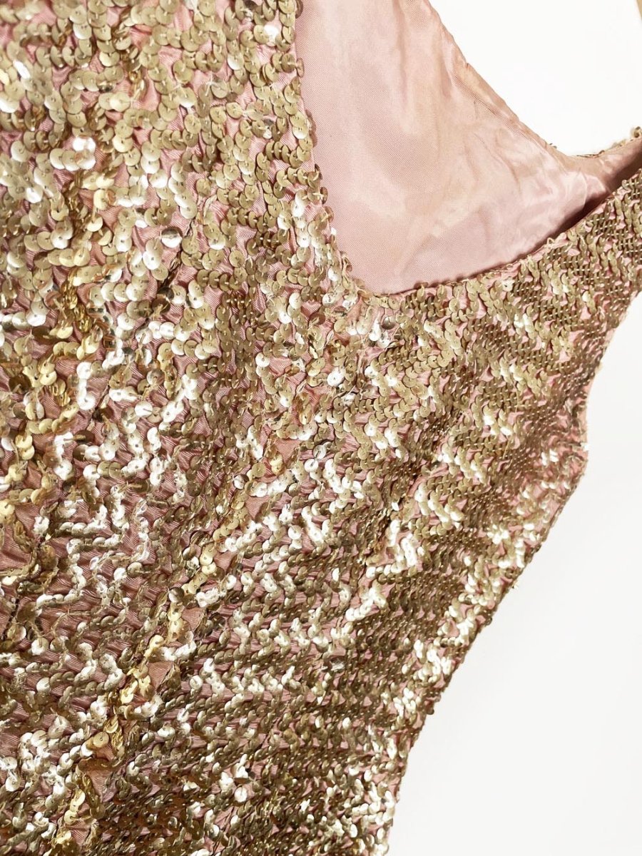 vintage 60s gold sequin fitted gown | maxi dress - good market thrift store