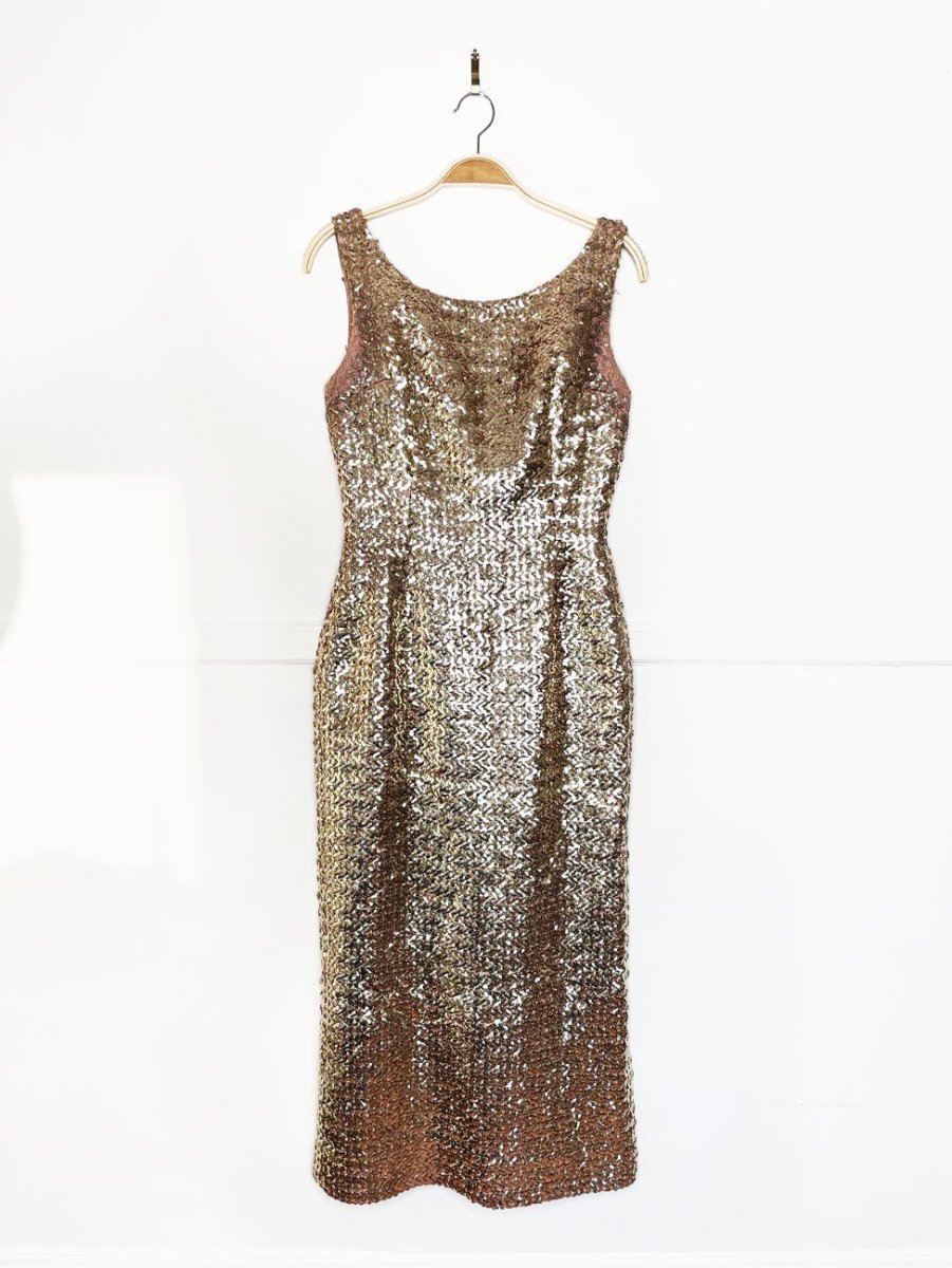 vintage 60s gold sequin fitted gown | maxi dress - good market thrift store