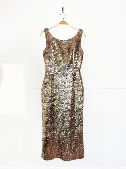 vintage 60s gold sequin fitted gown | maxi dress - good market thrift store
