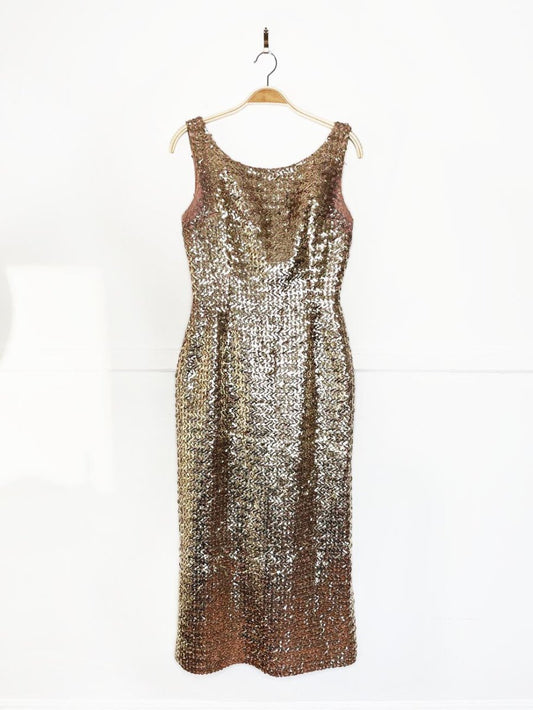 vintage 60s gold sequin fitted gown | maxi dress - good market thrift store