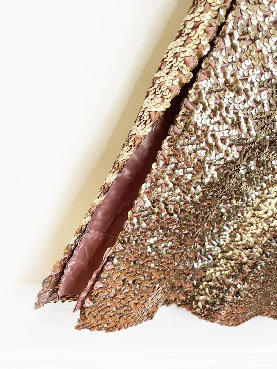 vintage 60s gold sequin fitted gown | maxi dress - good market thrift store