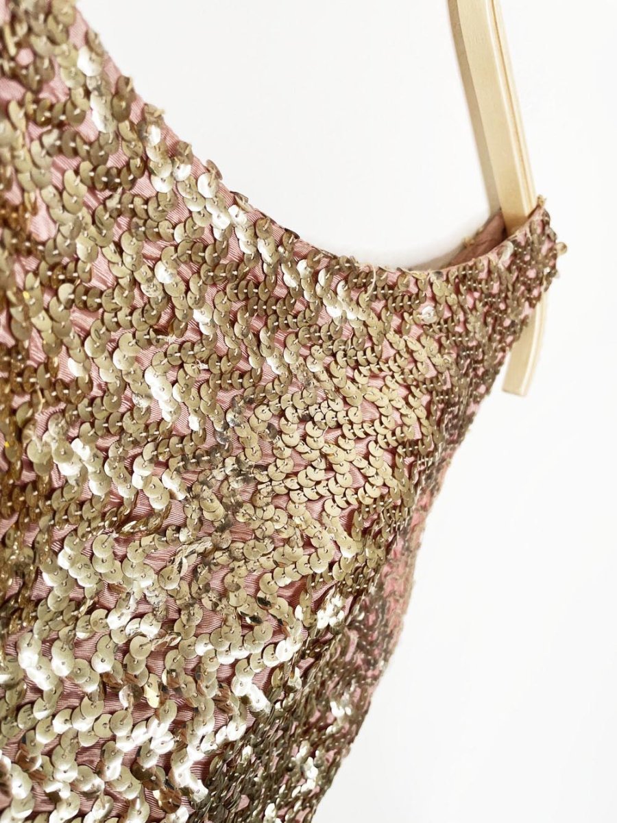 vintage 60s gold sequin fitted gown | maxi dress - good market thrift store