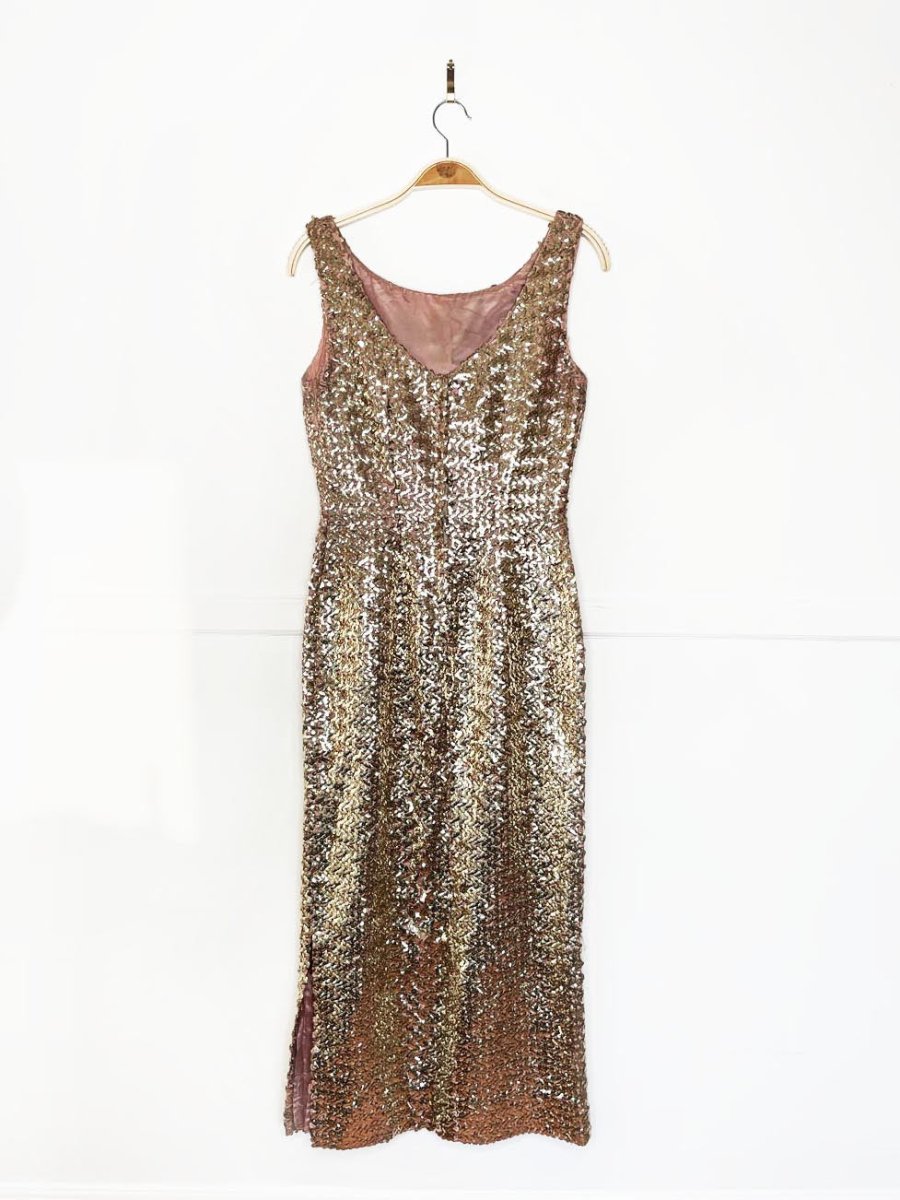 vintage 60s gold sequin fitted gown | maxi dress - good market thrift store