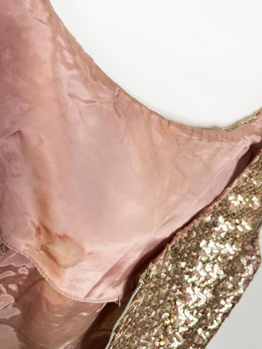 vintage 60s gold sequin fitted gown | maxi dress - good market thrift store