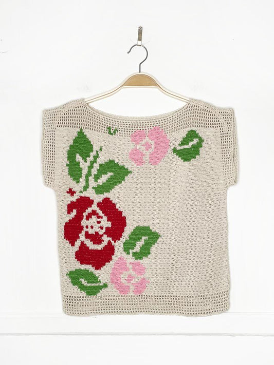 vintage 60s handmade crochet knit boxy floral top - good market thrift store