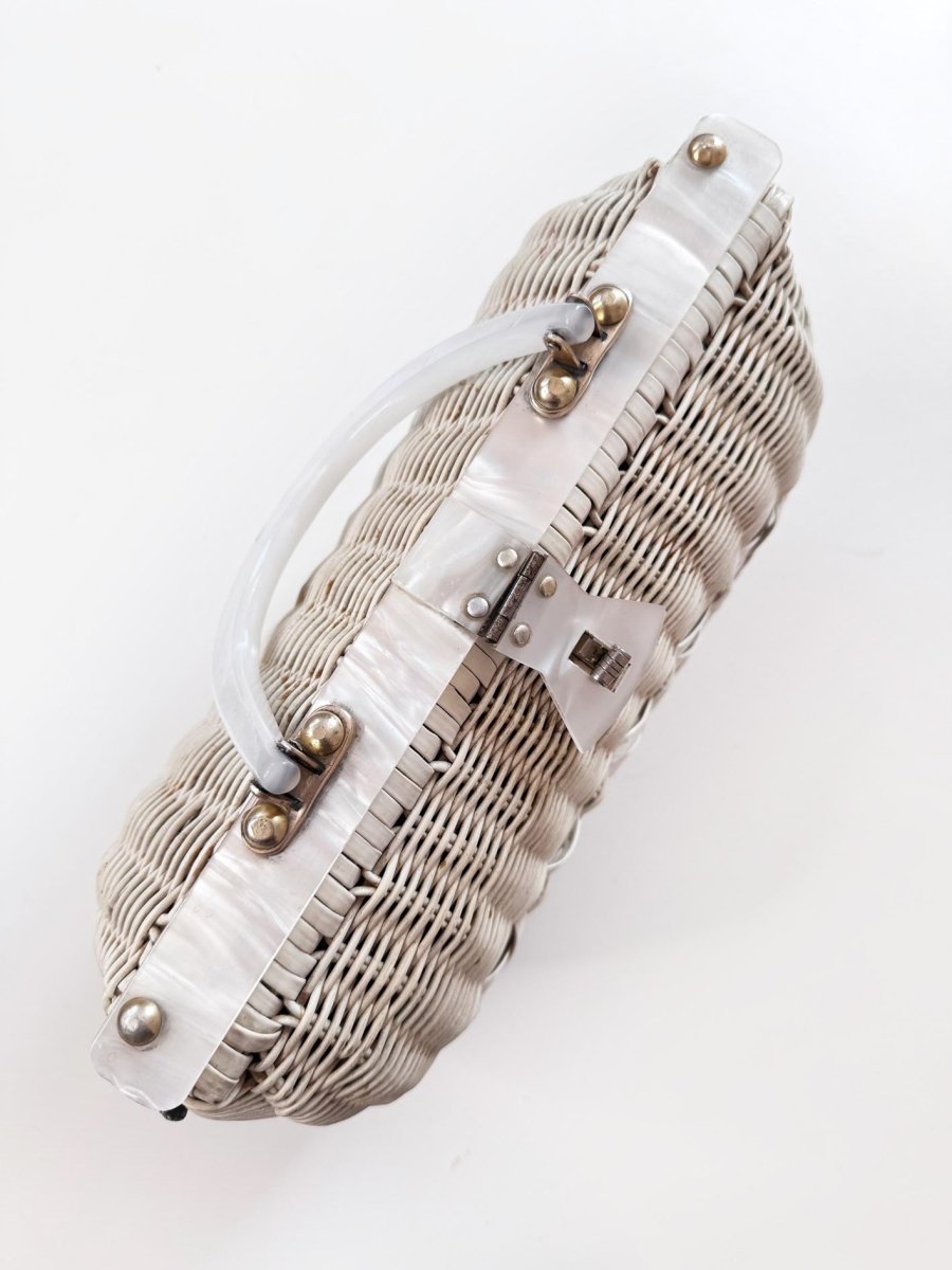 vintage 60s john hart wicker handbag with pearl lucite handle - good market thrift store