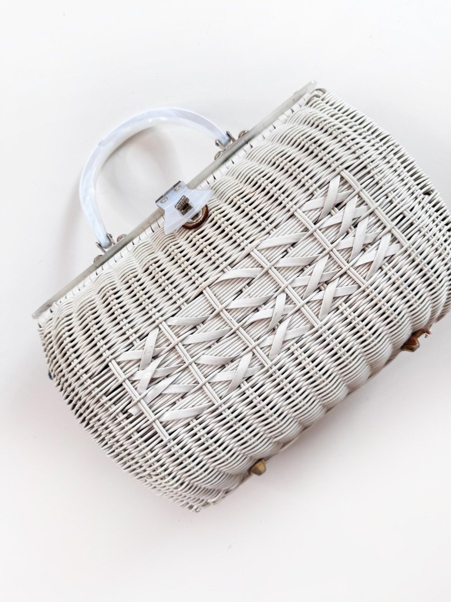 vintage 60s john hart wicker handbag with pearl lucite handle - good market thrift store
