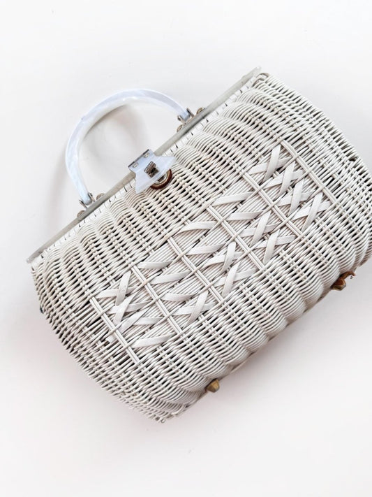 vintage 60s john hart wicker handbag with pearl lucite handle - good market thrift store