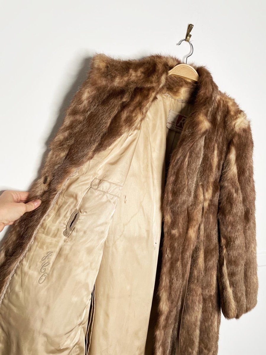 vintage 60s robinson's mink long coat with drawstring leather waist - good market thrift store