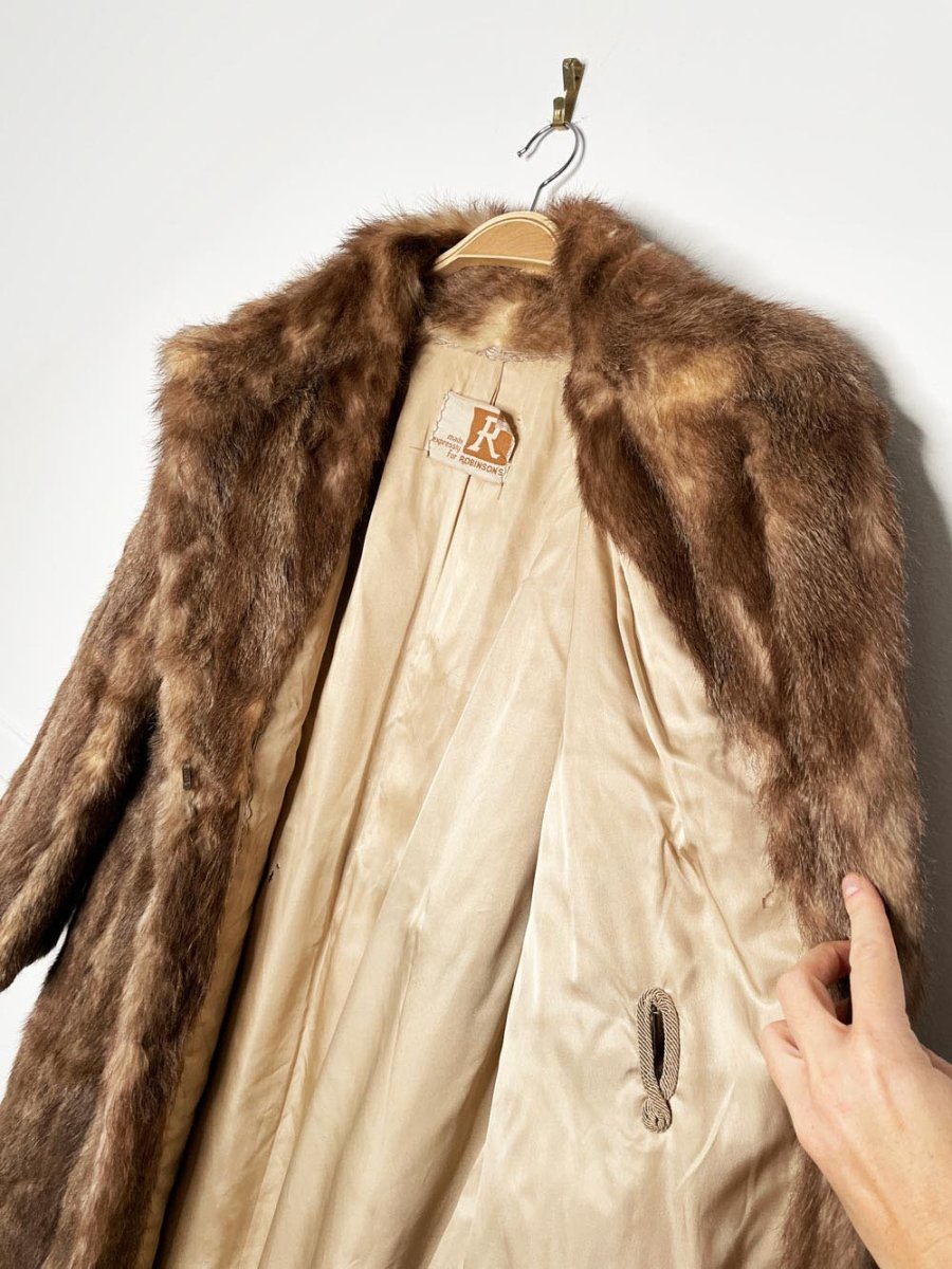 vintage 60s robinson's mink long coat with drawstring leather waist - good market thrift store