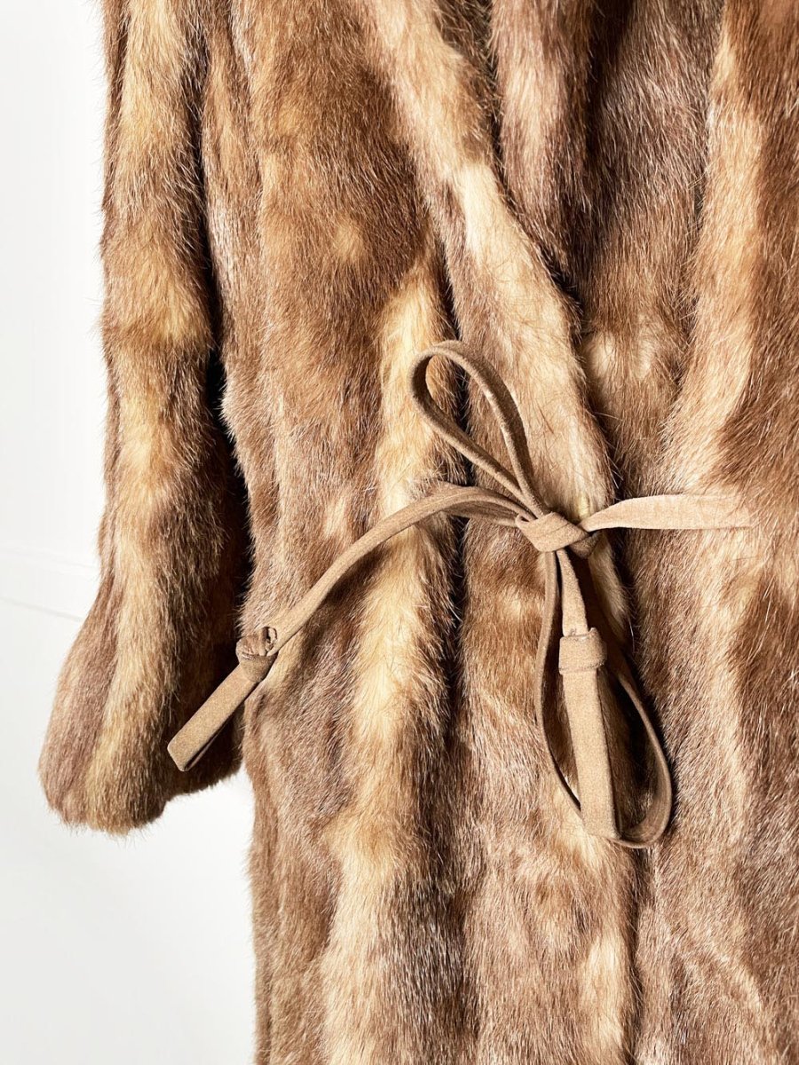 vintage 60s robinson's mink long coat with drawstring leather waist - good market thrift store