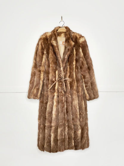 vintage 60s robinson's mink long coat with drawstring leather waist - good market thrift store