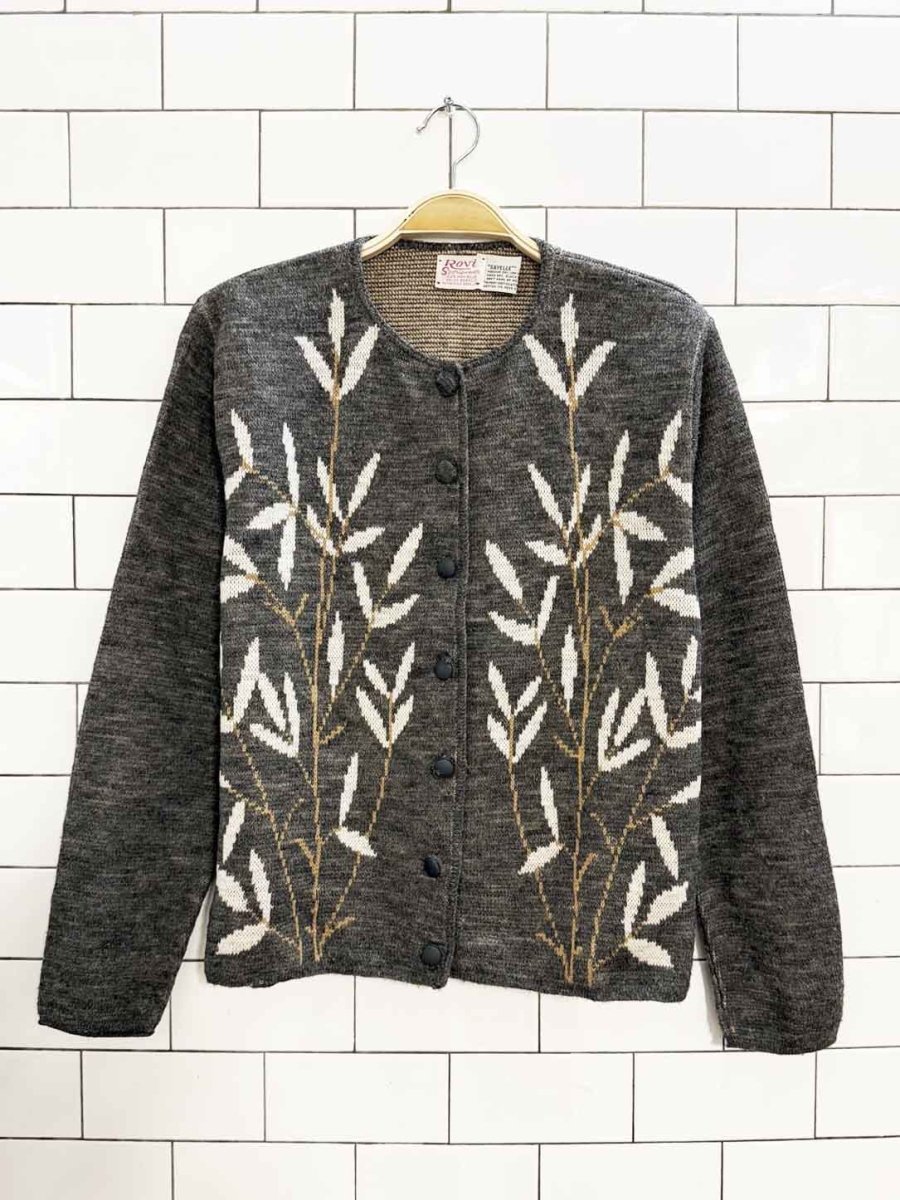vintage 60s rovi botanical leaf knit boxy cardigan | sayelle - good market thrift store