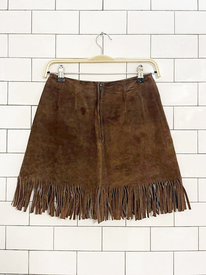 vintage 60s suede western fringe festival mini skirt | lightening zipper - good market thrift store