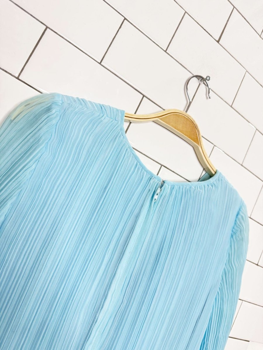 vintage 70s abe schrader pleated chiffon bell sleeves lace trim dress - good market thrift store