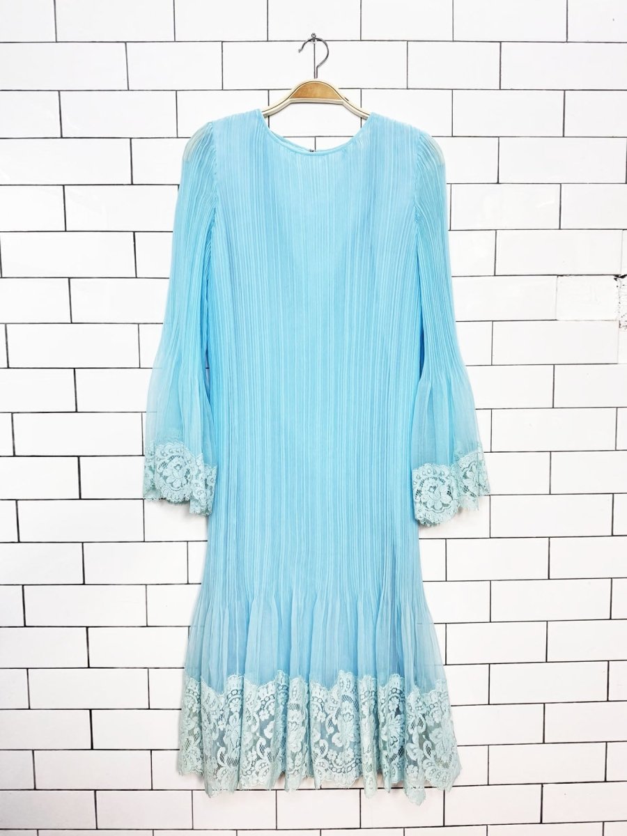 vintage 70s abe schrader pleated chiffon bell sleeves lace trim dress - good market thrift store