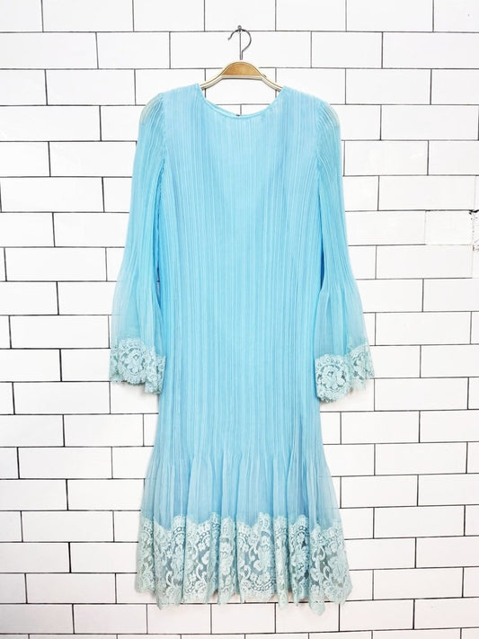 vintage 70s abe schrader pleated chiffon bell sleeves lace trim dress - good market thrift store