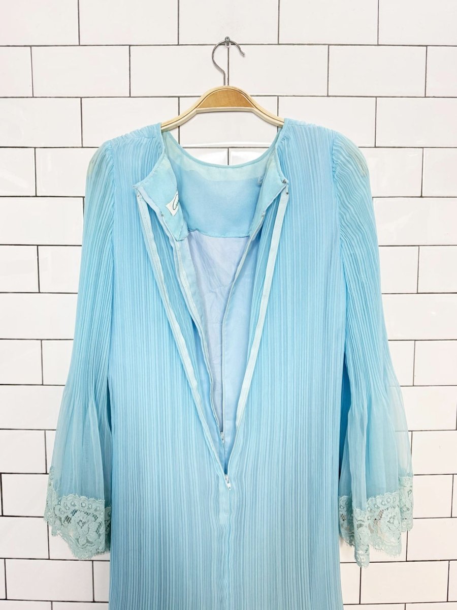 vintage 70s abe schrader pleated chiffon bell sleeves lace trim dress - good market thrift store