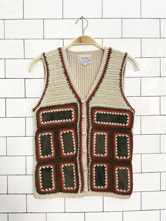 vintage 70s aware boho suede crochet patchwork knit vest - good market thrift store