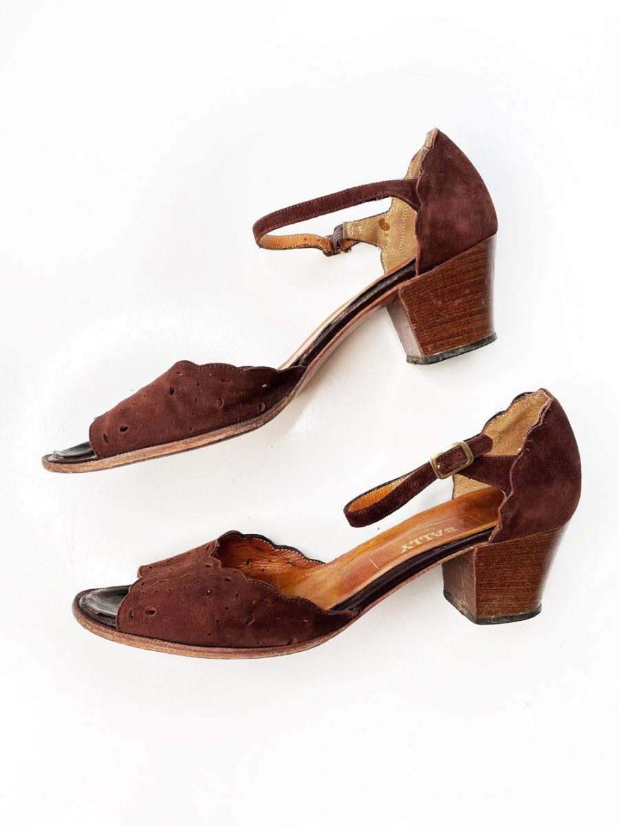 vintage 70s bally suede scallop mary jane low heeled sandal - good market thrift store