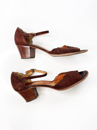 vintage 70s bally suede scallop mary jane low heeled sandal - good market thrift store