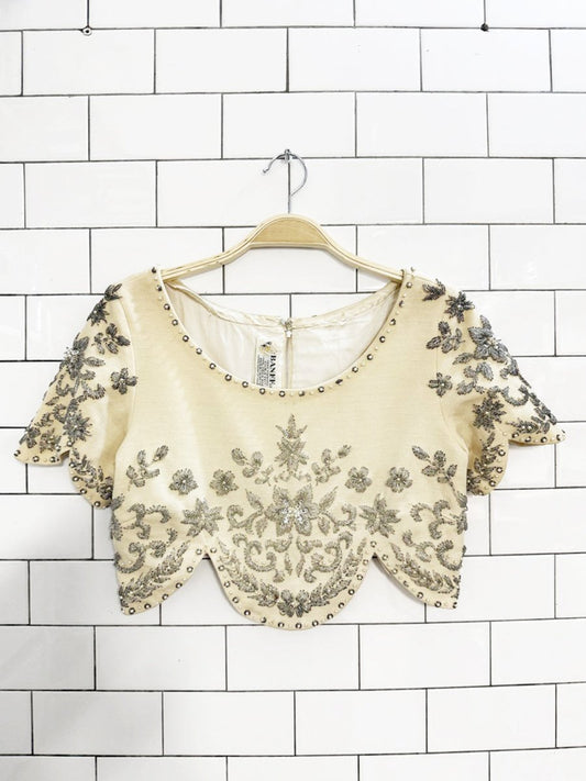 vintage 70s banff 100% wool hand beaded knit scallop crop top - good market thrift store
