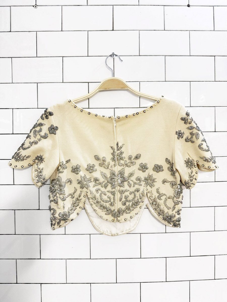 vintage 70s banff 100% wool hand beaded knit scallop crop top - good market thrift store