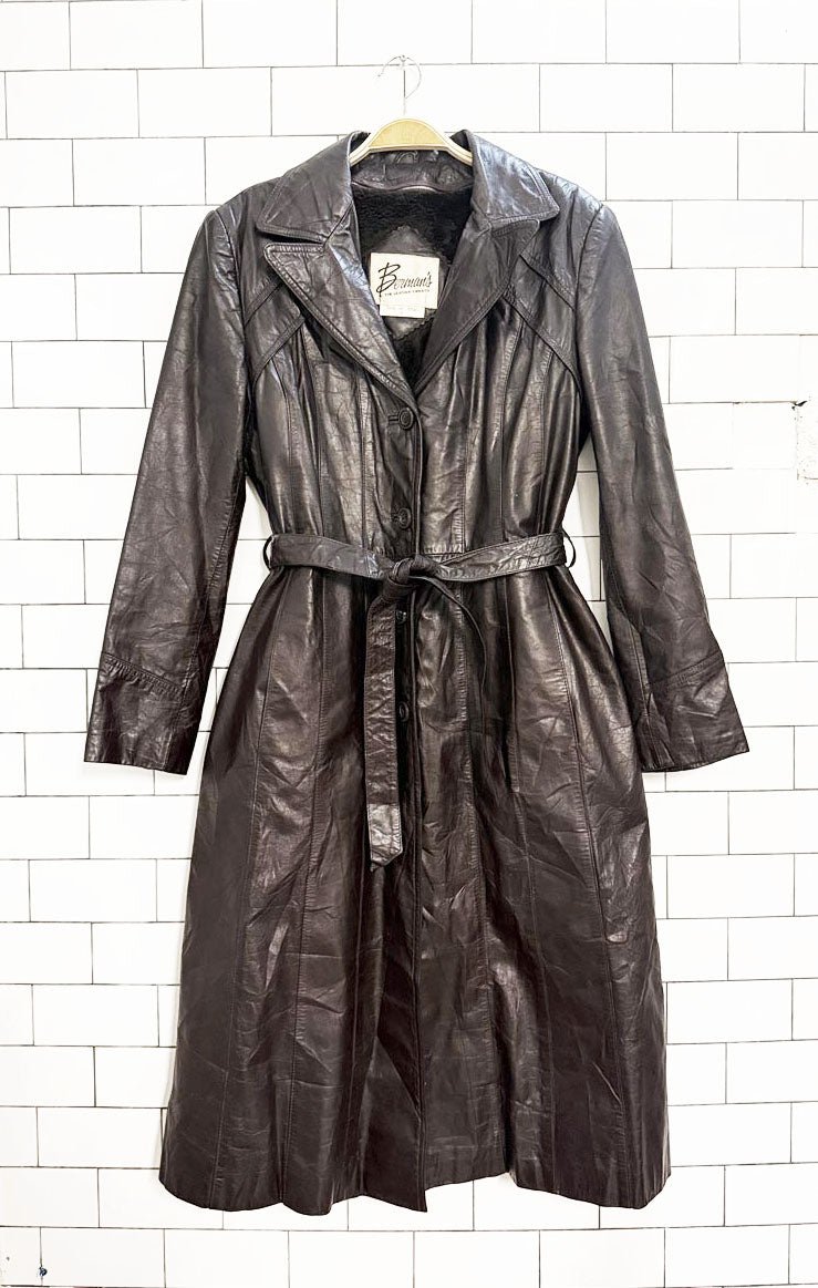 vintage 70s benman's leather plush belted jacket | zip out lining - good market thrift store