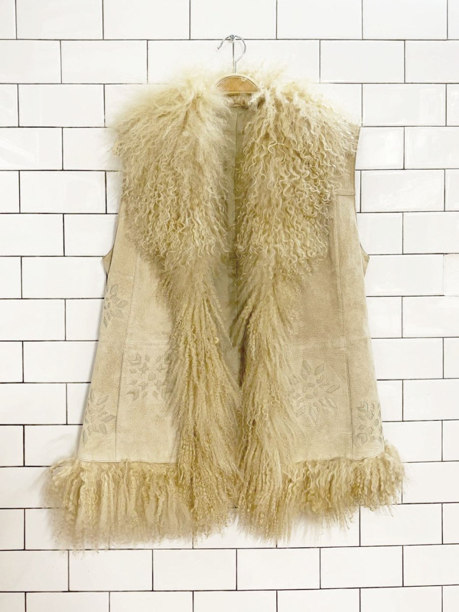 vintage 70s boho mongolian sheepskin suede vest | leather cut out - good market thrift store