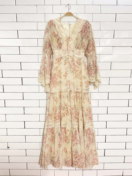 vintage 70s boho prairie hippie tiered floral maxi dress | gunne sax style | union made - good market thrift store