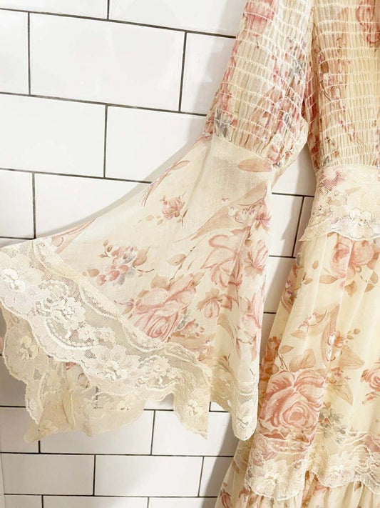 vintage 70s boho prairie hippie tiered floral maxi dress | gunne sax style | union made - good market thrift store
