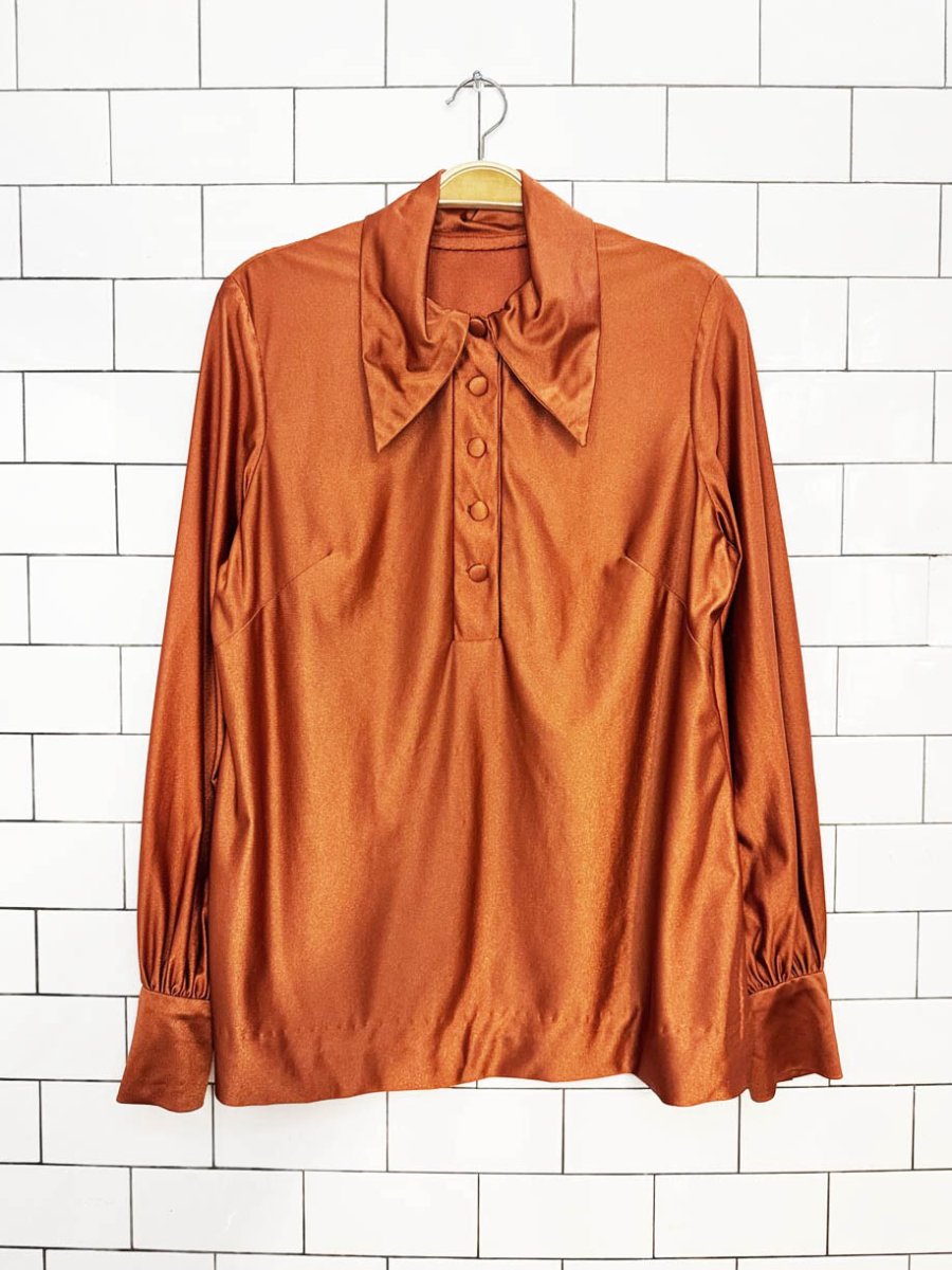 vintage 70s daggar collar poly-satin shirt - good market thrift store