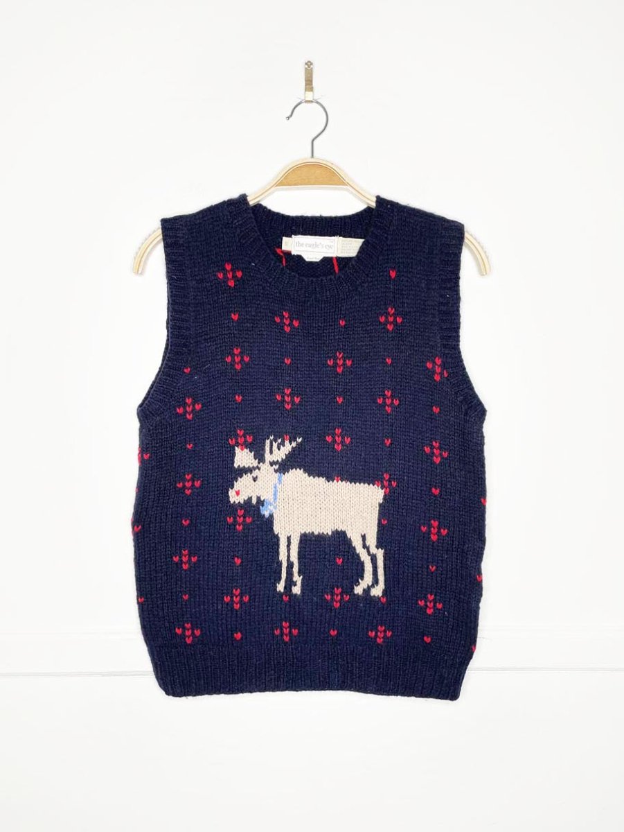 vintage 70s eagles eye 100% shetland wool hand - knit moose vest - good market thrift store