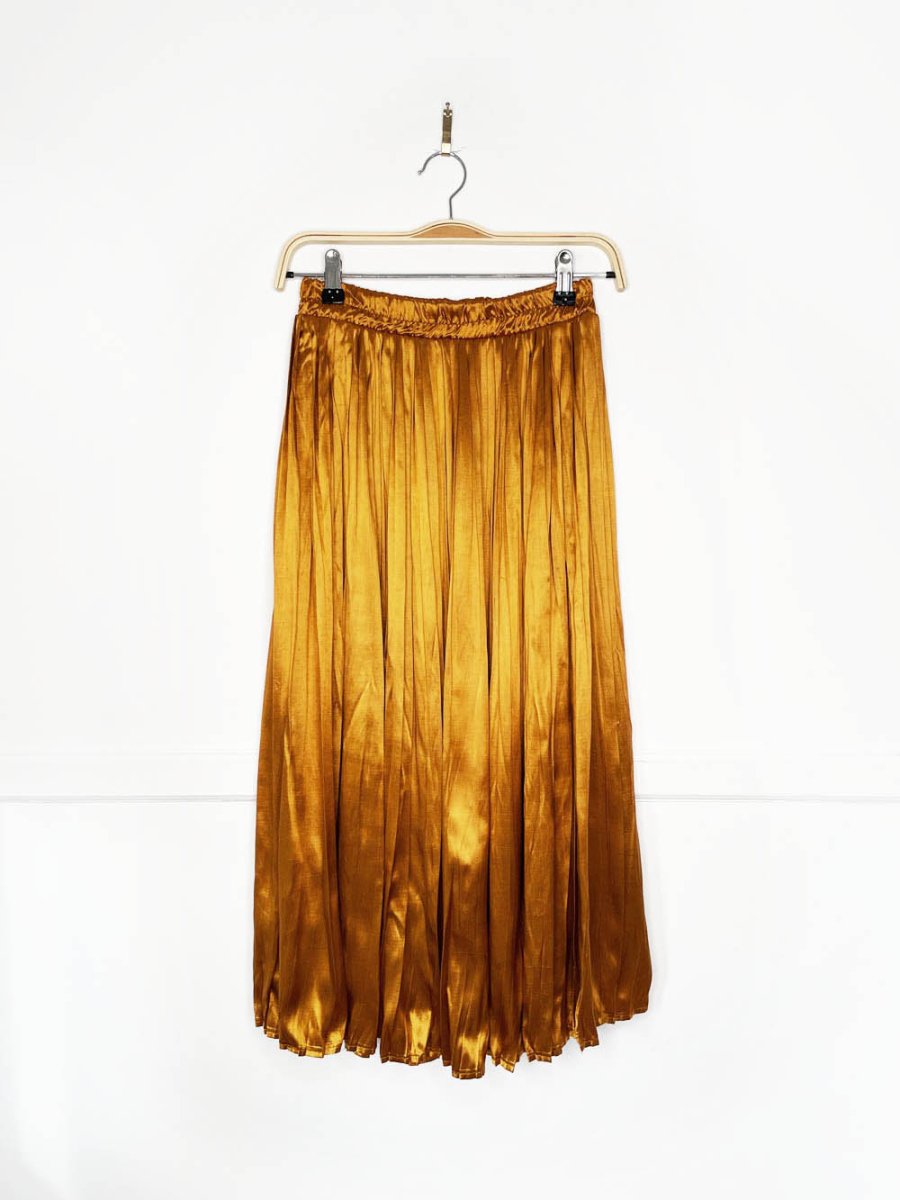 vintage 70s esprit gold satin pleated midi skirt - good market thrift store
