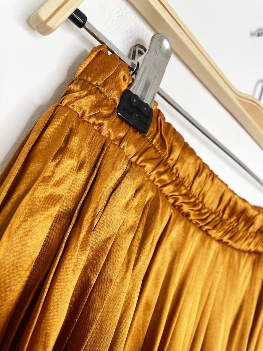 vintage 70s esprit gold satin pleated midi skirt - good market thrift store