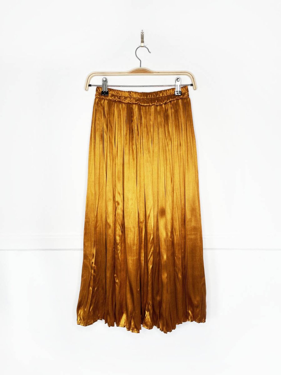 vintage 70s esprit gold satin pleated midi skirt - good market thrift store