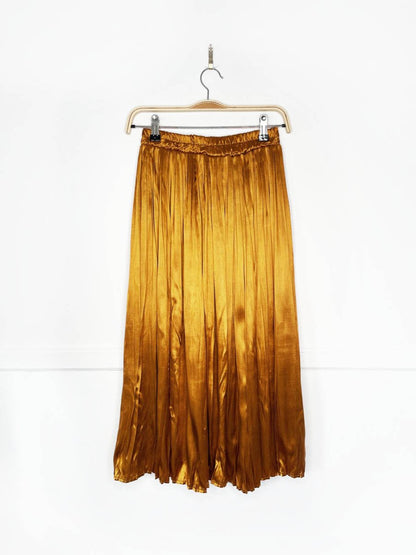 vintage 70s esprit gold satin pleated midi skirt - good market thrift store