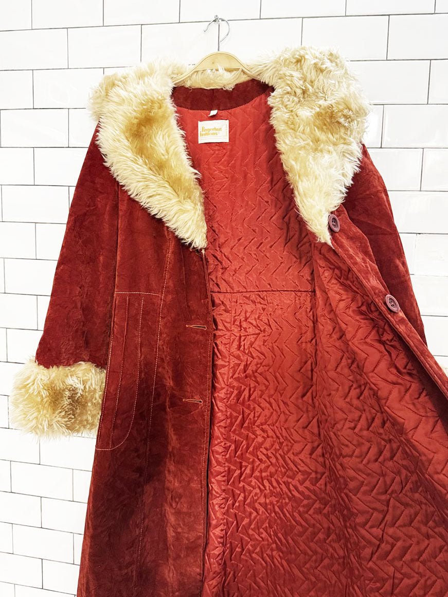 vintage 70s fingerhut fashion velvet penny lane coat | faux fur trim - good market thrift store