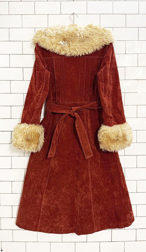 vintage 70s fingerhut fashion velvet penny lane coat | faux fur trim - good market thrift store