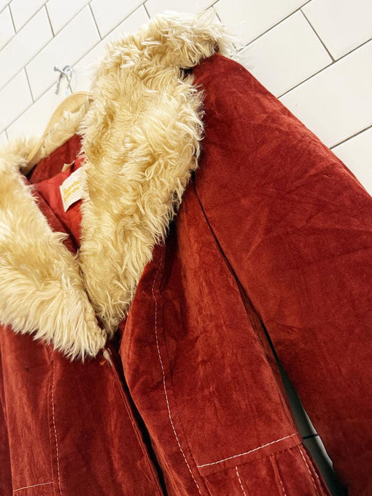 vintage 70s fingerhut fashion velvet penny lane coat | faux fur trim - good market thrift store