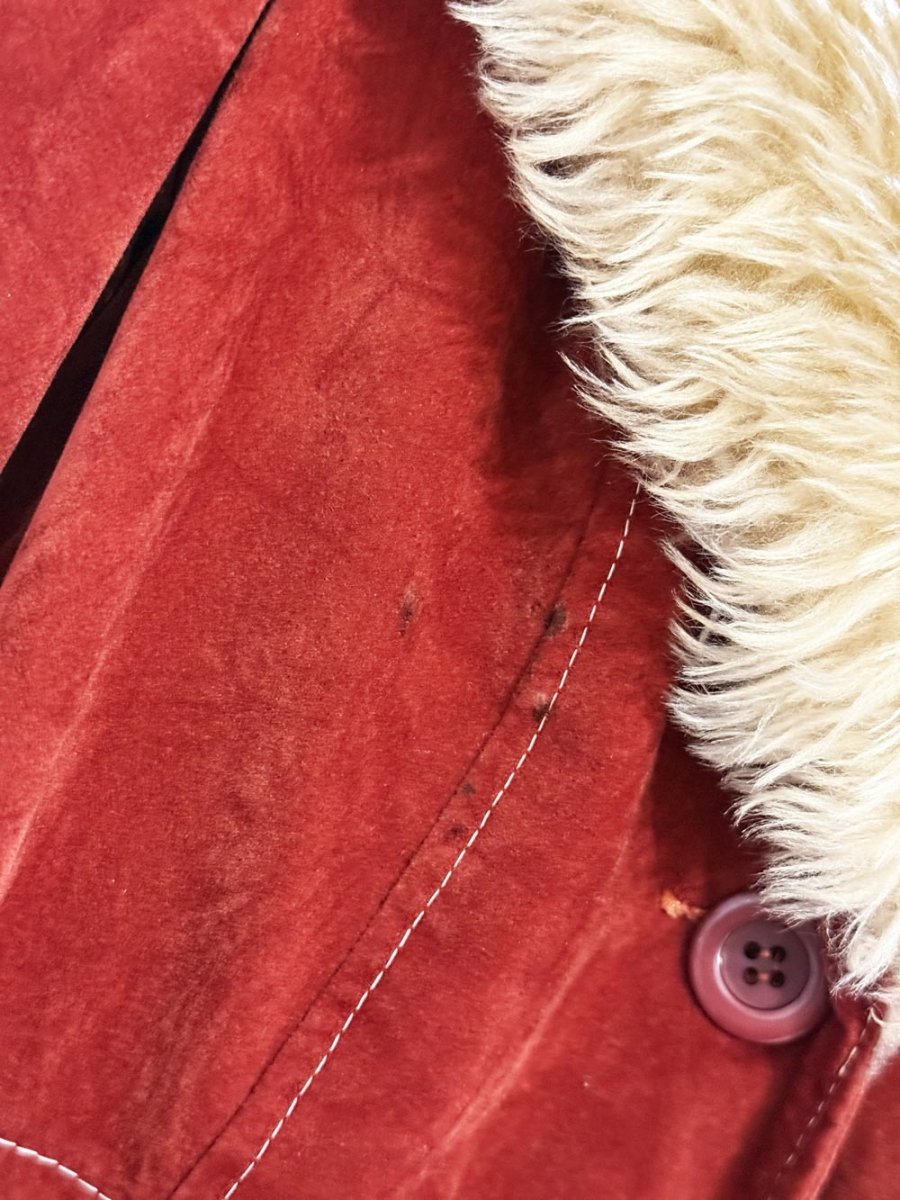 vintage 70s fingerhut fashion velvet penny lane coat | faux fur trim - good market thrift store